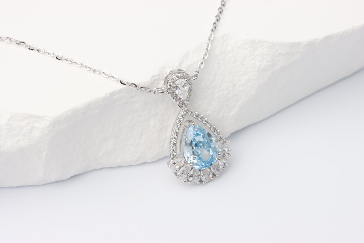 Silver Blue Teardrop CZ Pendant Necklace, Sparkling Halo Statement Jewellery, Gift for Her
