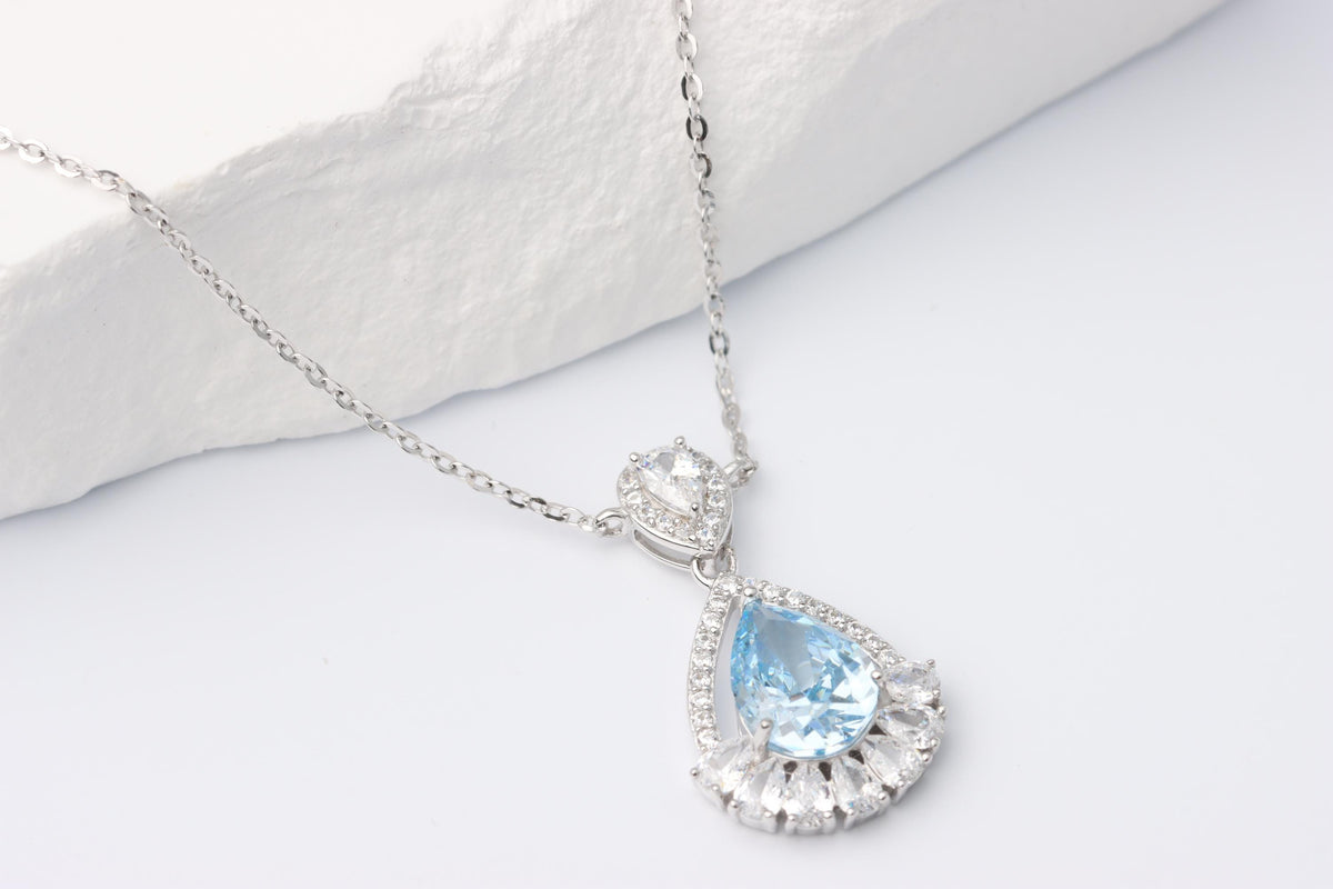 Silver Blue Teardrop CZ Pendant Necklace, Sparkling Halo Statement Jewellery, Gift for Her