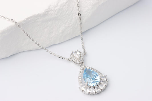 Silver Blue Teardrop CZ Pendant Necklace, Sparkling Halo Statement Jewellery, Gift for Her