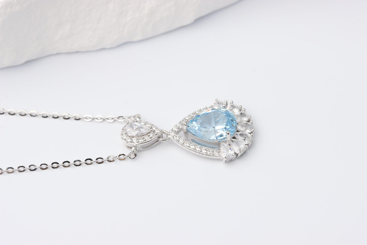 Silver Blue Teardrop CZ Pendant Necklace, Sparkling Halo Statement Jewellery, Gift for Her