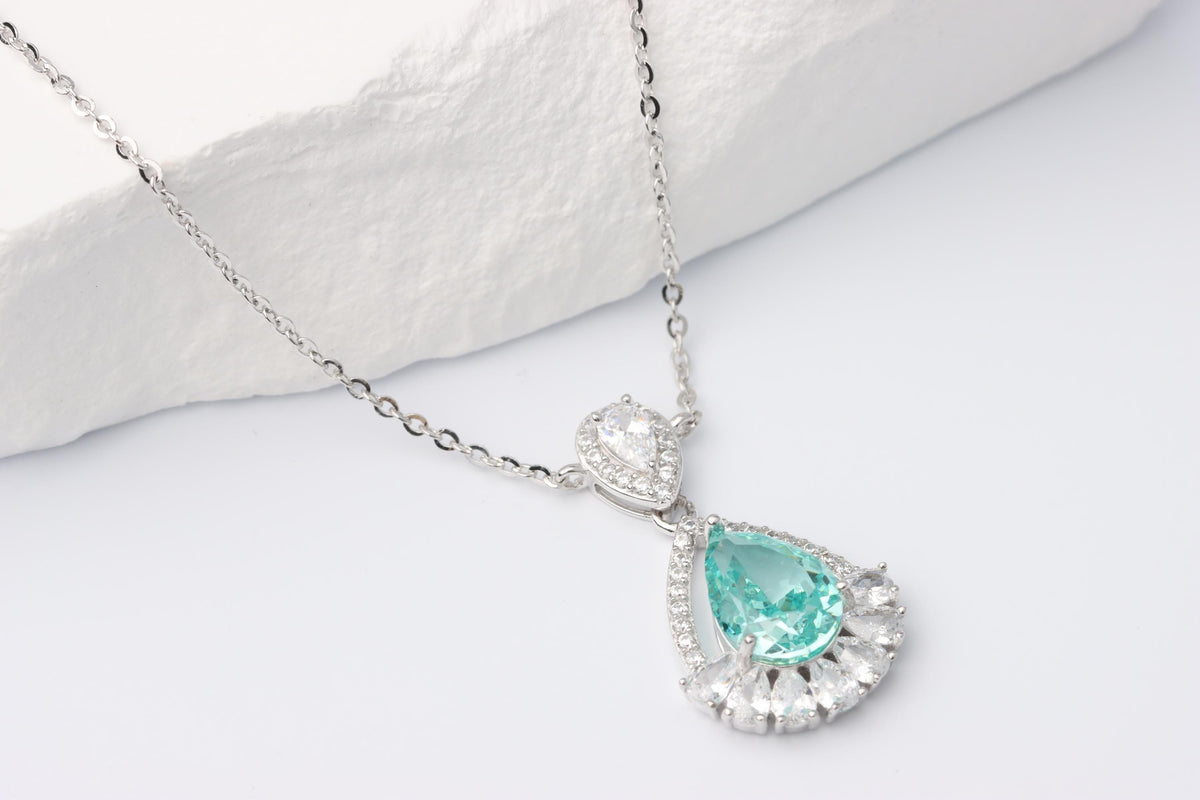 Mint Green Pear Cut CZ Pendant Silver Necklace, Sparkling Statement Jewellery