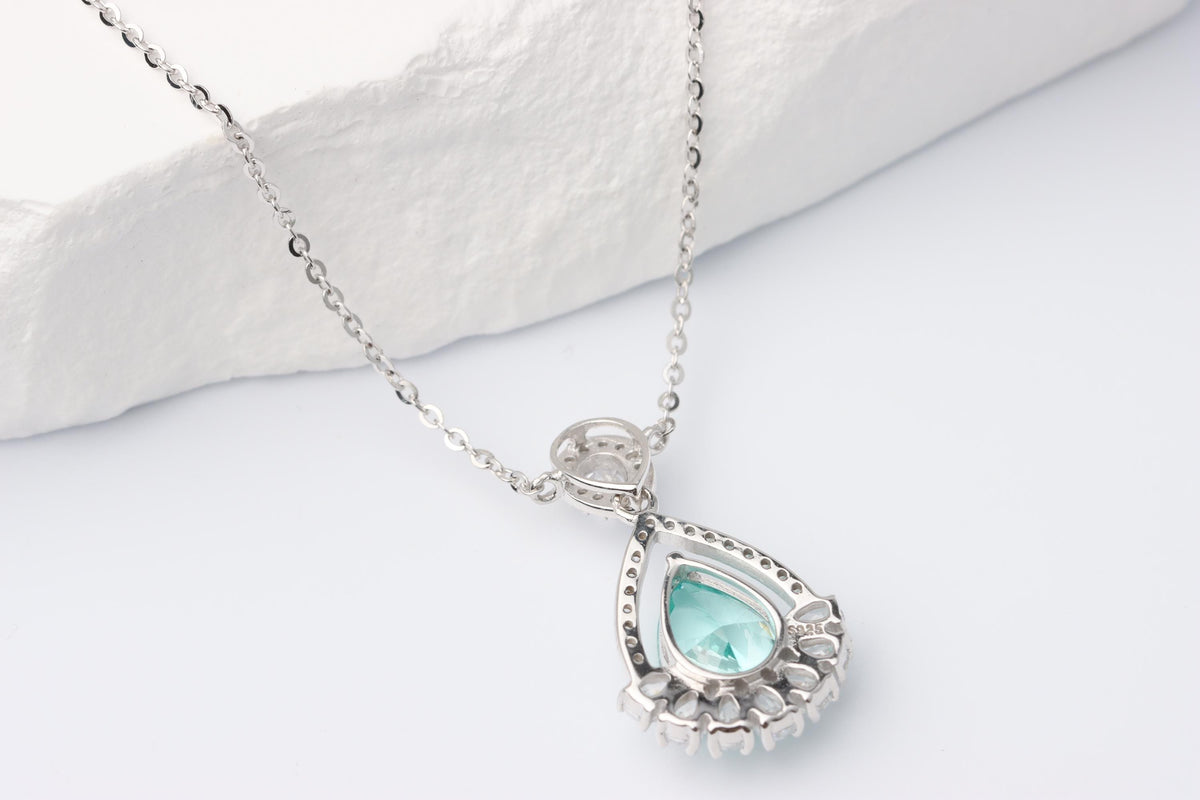 Mint Green Pear Cut CZ Pendant Silver Necklace, Sparkling Statement Jewellery