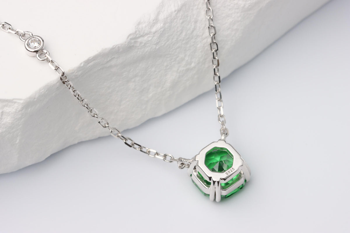 Emerald Green Cushion Cut CZ Necklace, Silver Solitaire Rose Pendant, Sparkling Gift for Her