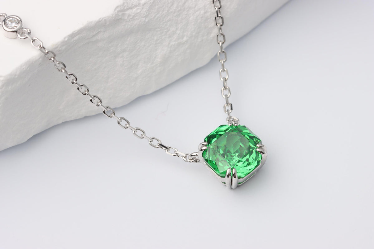 Emerald Green Cushion Cut CZ Necklace, Silver Solitaire Rose Pendant, Sparkling Gift for Her