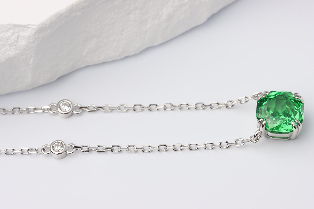 Emerald Green Cushion Cut CZ Necklace, Silver Solitaire Rose Pendant, Sparkling Gift for Her