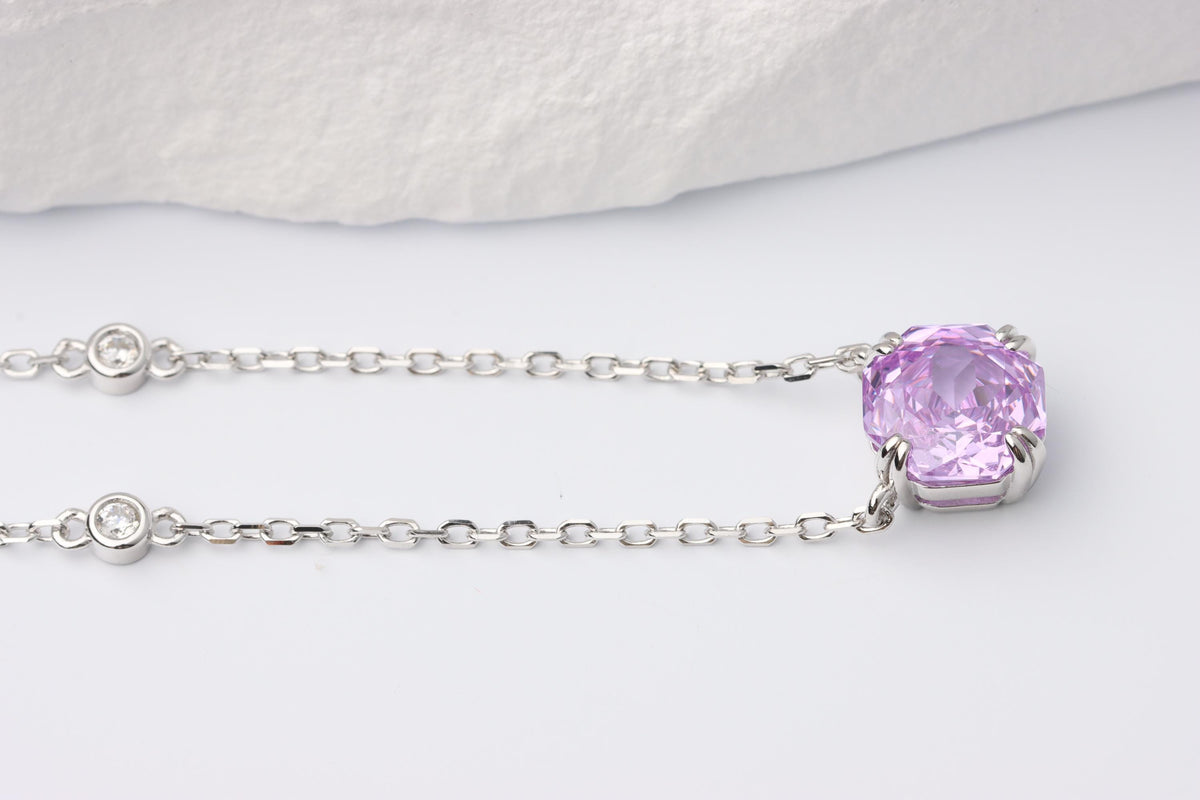 Lilac Cushion Cut CZ Necklace, Silver Solitaire Rose Pendant, Gift for Her