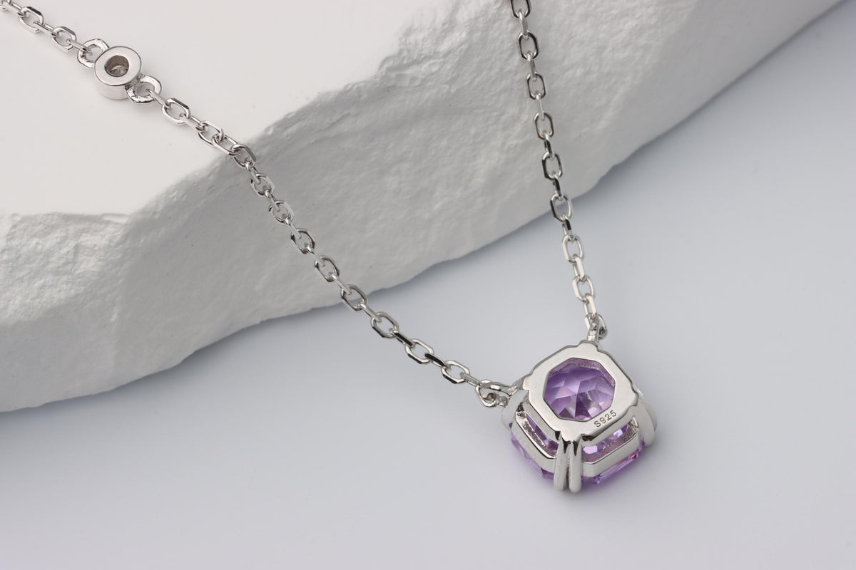 Lilac Cushion Cut CZ Necklace, Silver Solitaire Rose Pendant, Gift for Her