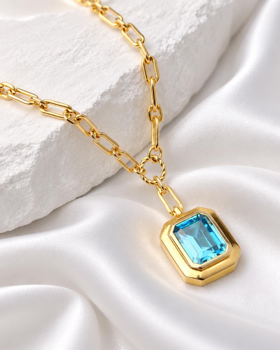 Blue Emerald Cut CZ Pendant Necklace, Gold Paperclip Chain, Gift for Her