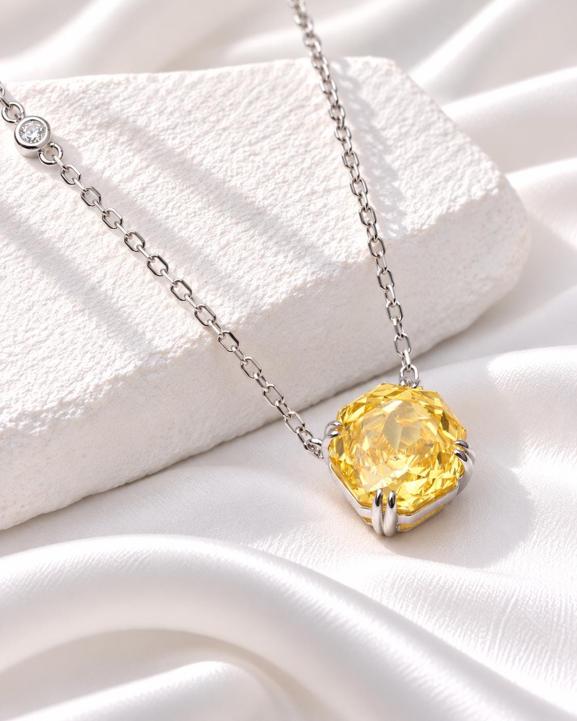Yellow Cushion Cut CZ Necklace, Silver Solitaire Rose Pendant, Gift for Her
