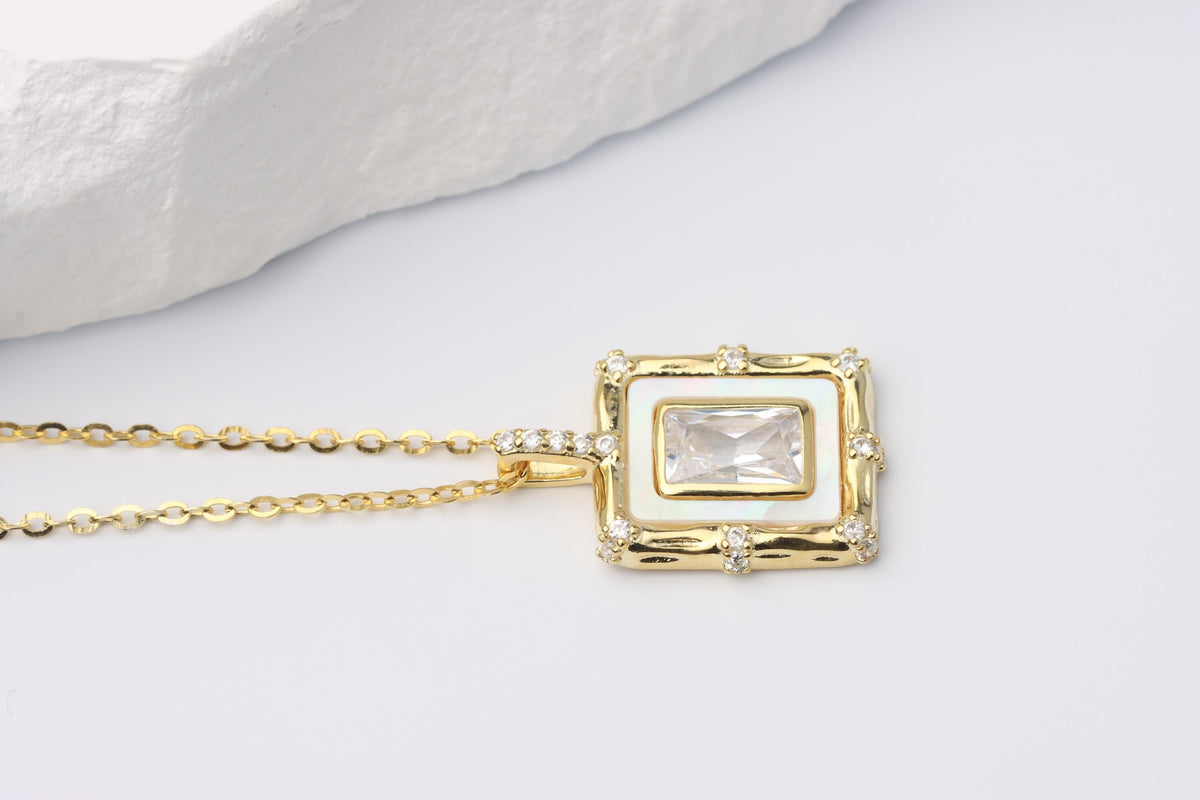 Gold Rectangular CZ Pendant Necklace, White Enamel Statement Jewellery, Gift for Her
