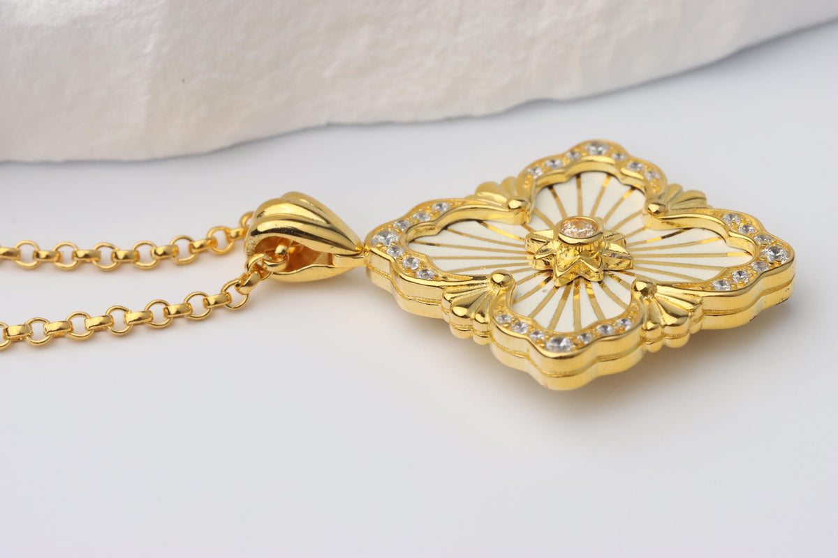 Gold Renaissance Pendant Necklace, White Enamel Statement Jewellery, Vintage Inspired Gift for Her