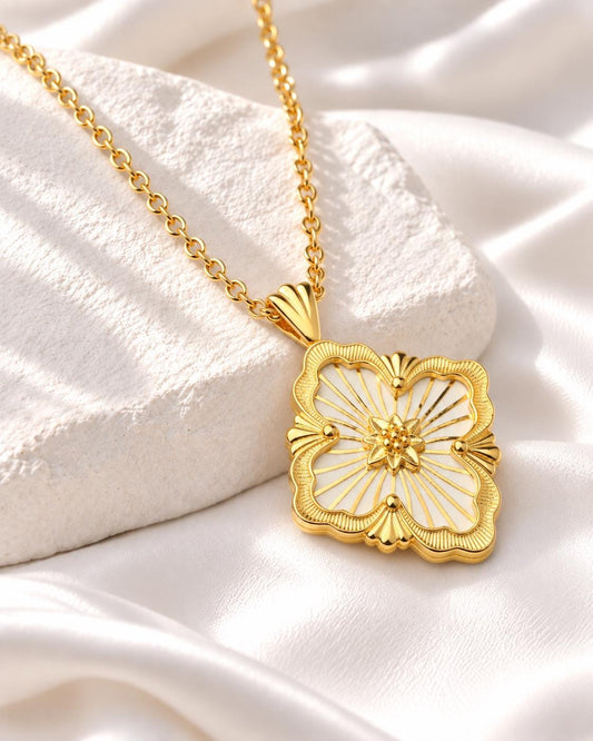 Gold Renaissance Pendant Necklace, White Enamel Statement Jewellery, Vintage Inspired Gift for Her
