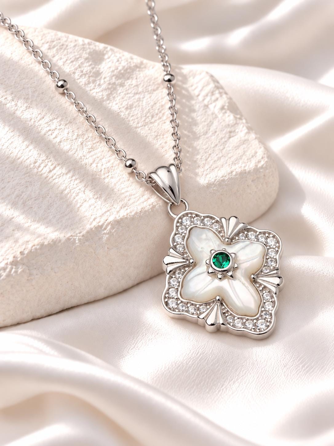 Silver Renaissance Pendant Necklace, White Mother of Pearl Statement Jewellery, Gift for Her