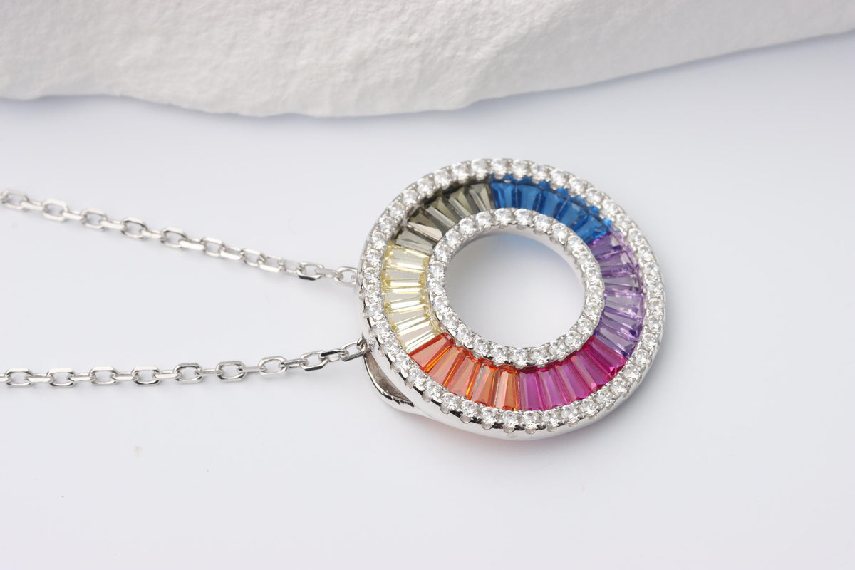 Rainbow Gemstone CZ Circle Halo Necklace, Silver Statement Pendant, Gift for Her