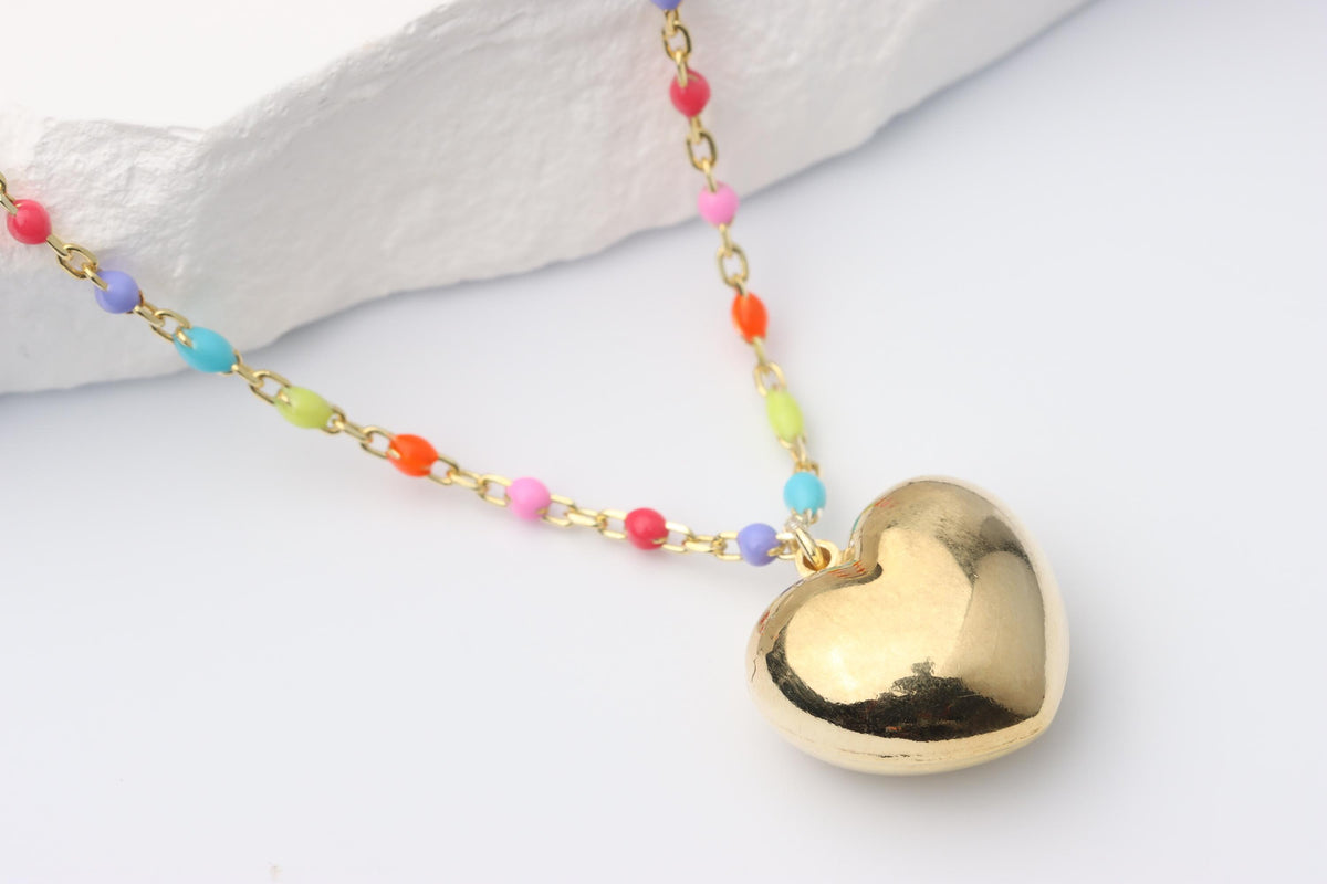 Gold Puffy Heart Pendant Necklace, Rainbow Beaded Chain, Colourful Gift for Her