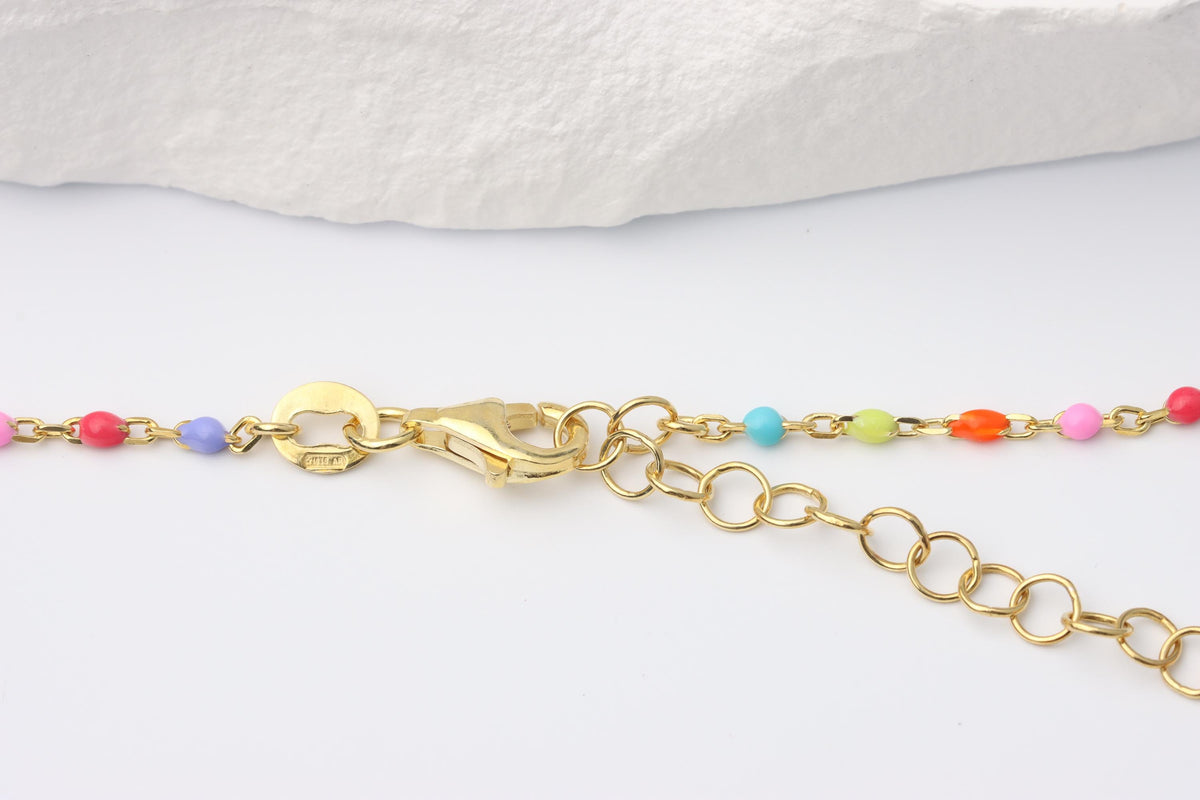 Gold Puffy Heart Pendant Necklace, Rainbow Beaded Chain, Colourful Gift for Her