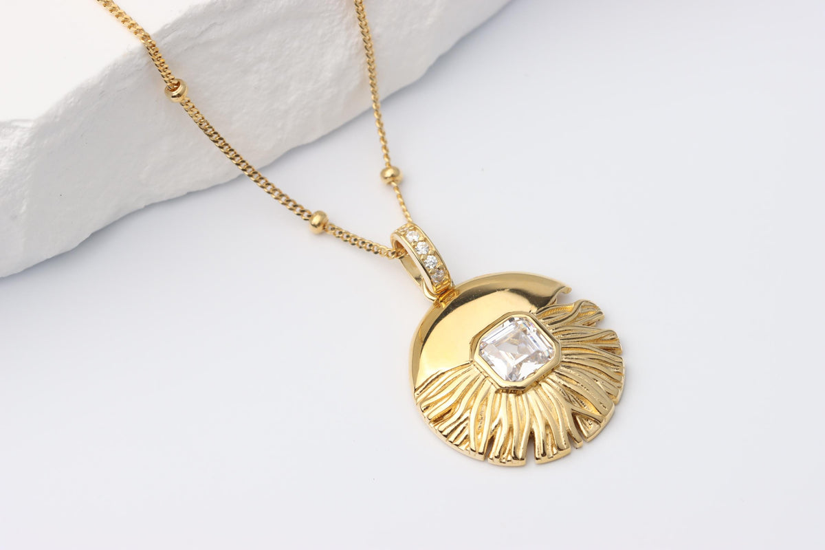 Gold Sunburst CZ Pendant Necklace, Art Deco Statement Jewellery, Gift for Her