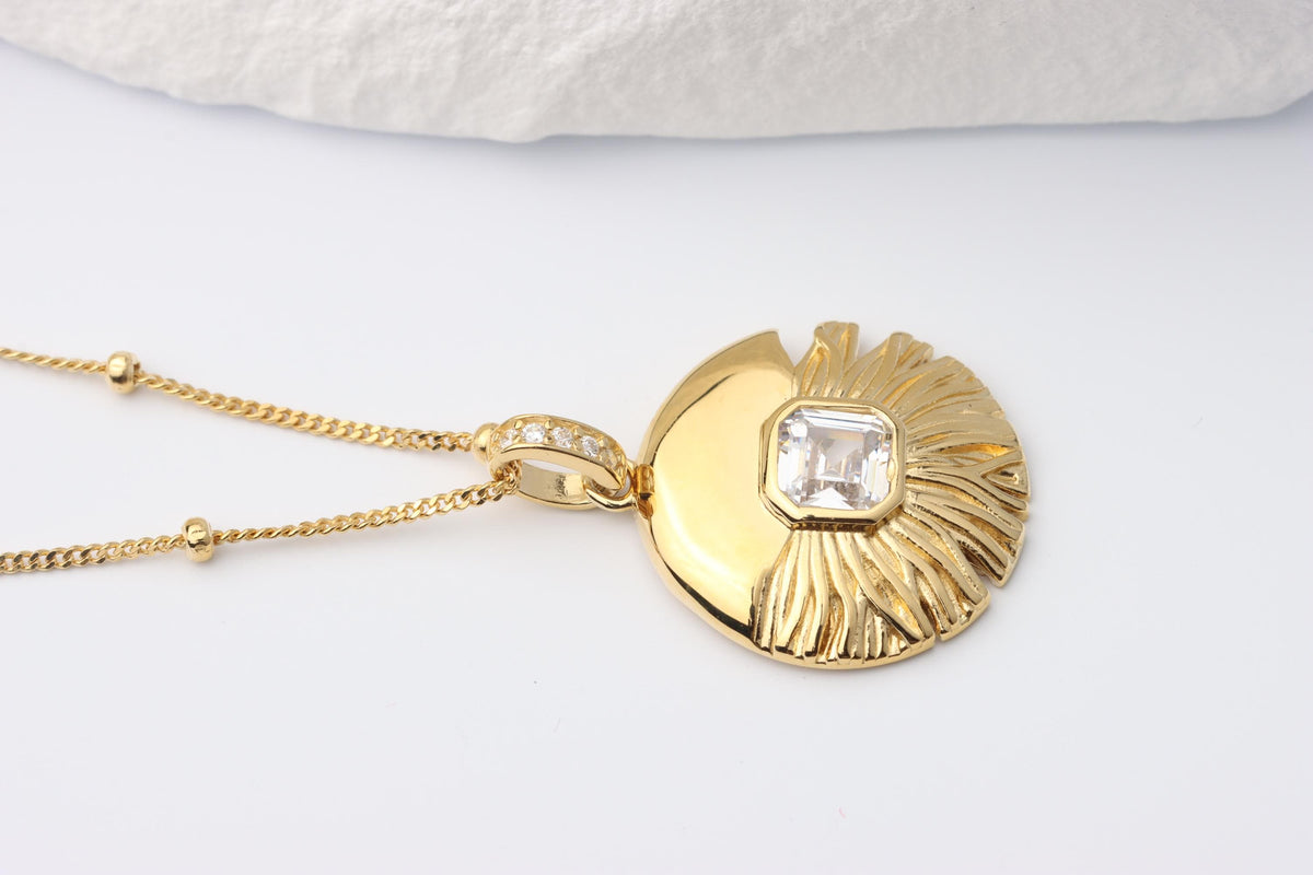 Gold Sunburst CZ Pendant Necklace, Art Deco Statement Jewellery, Gift for Her