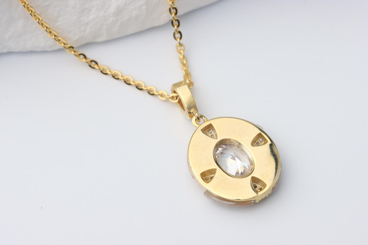Gold Mother of Pearl Oval Pendant Necklace, Sparkling CZ Statement Jewellery, Gift for Her, Sterling Silver