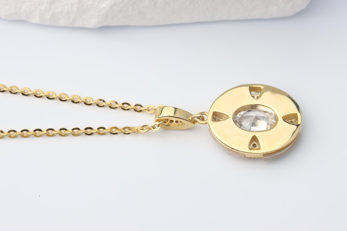 Gold Mother of Pearl Oval Pendant Necklace, Sparkling CZ Statement Jewellery, Gift for Her, Sterling Silver