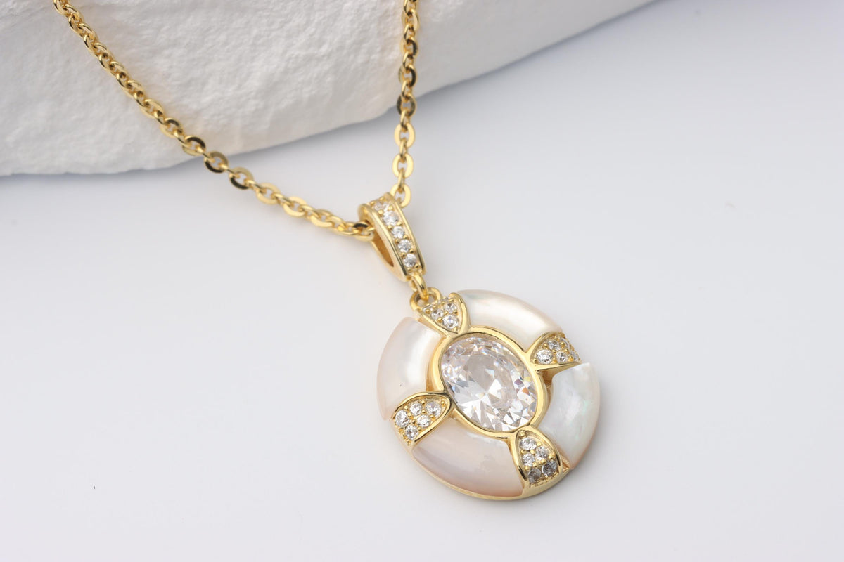 Gold Mother of Pearl Oval Pendant Necklace, Sparkling CZ Statement Jewellery, Gift for Her, Sterling Silver