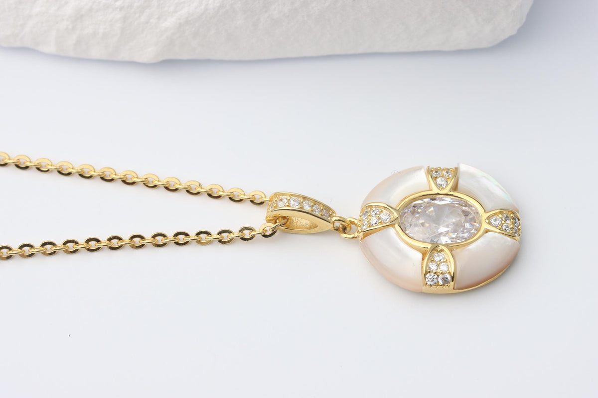 Gold Mother of Pearl Oval Pendant Necklace, Sparkling CZ Statement Jewellery, Gift for Her, Sterling Silver