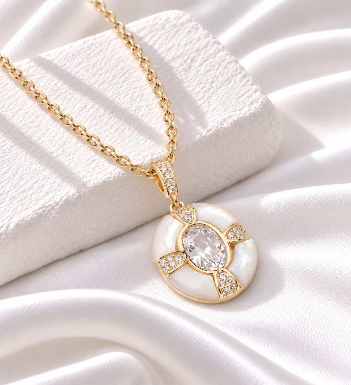 Gold Mother of Pearl Oval Pendant Necklace, Sparkling CZ Statement Jewellery, Gift for Her, Sterling Silver