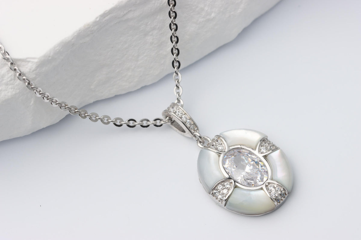 Silver Mother of Pearl Oval CZ Pendant, Art Deco Statement Necklace, Gift for Her