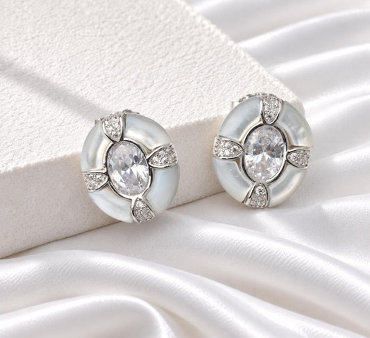 Silver Mother of Pearl CZ Oval Stud Earrings, Art Deco Jewellery, Gift for Her