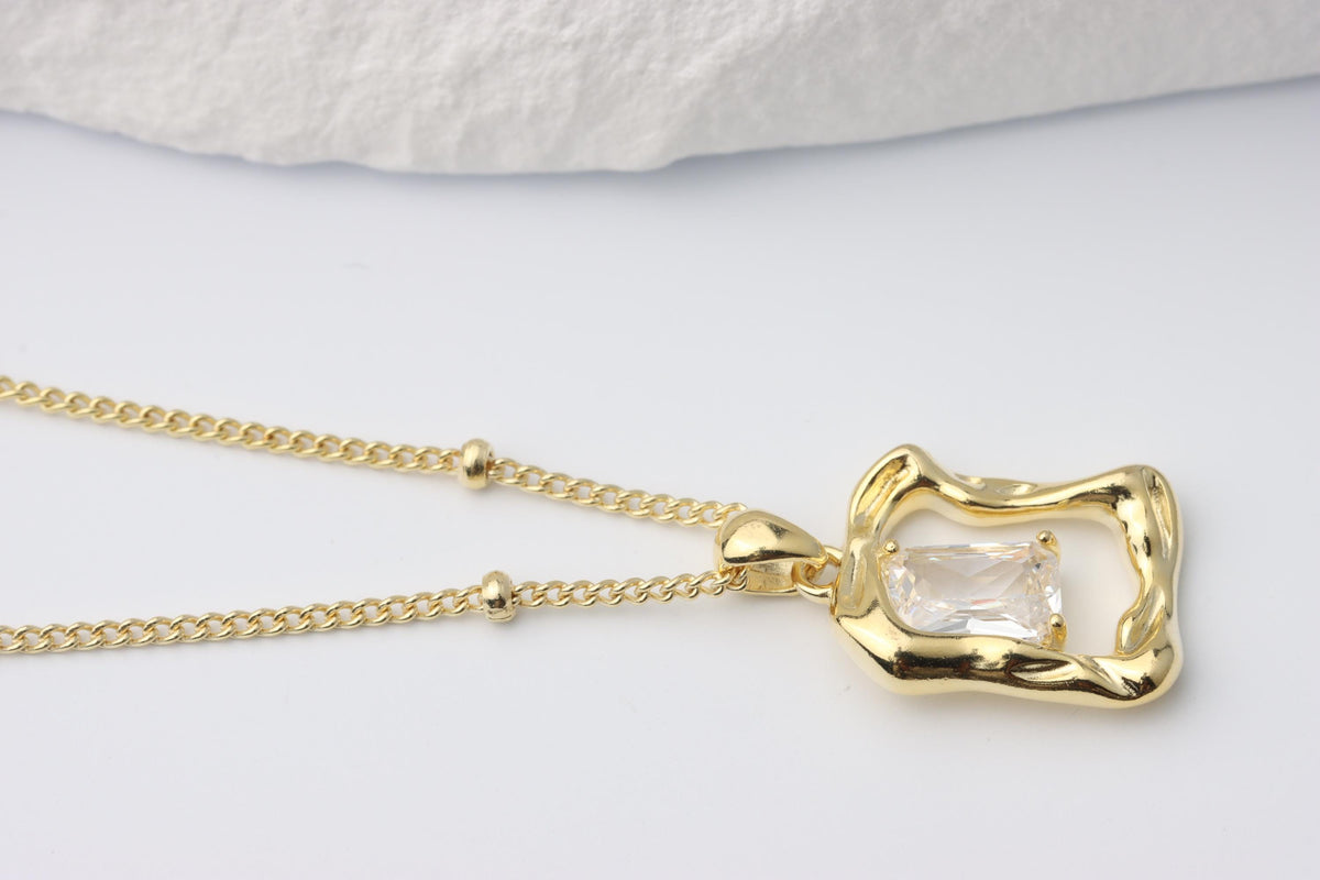 Gold Plated Geometric CZ Pendant Necklace, Art Deco Statement Jewellery, Gift for Her