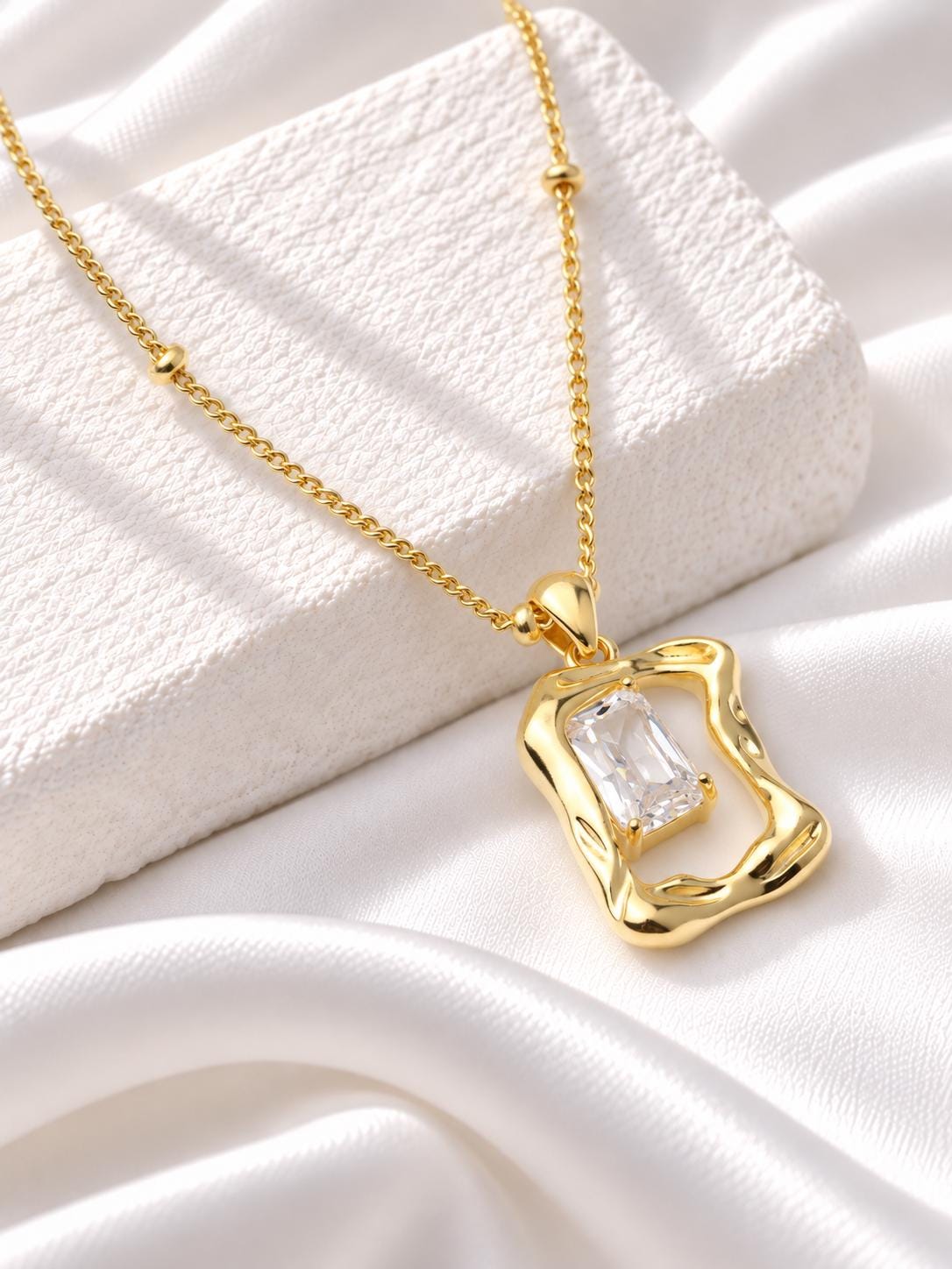 Gold Plated Geometric CZ Pendant Necklace, Art Deco Statement Jewellery, Gift for Her