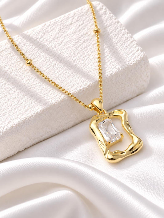 Gold Plated Geometric CZ Pendant Necklace, Art Deco Statement Jewellery, Gift for Her