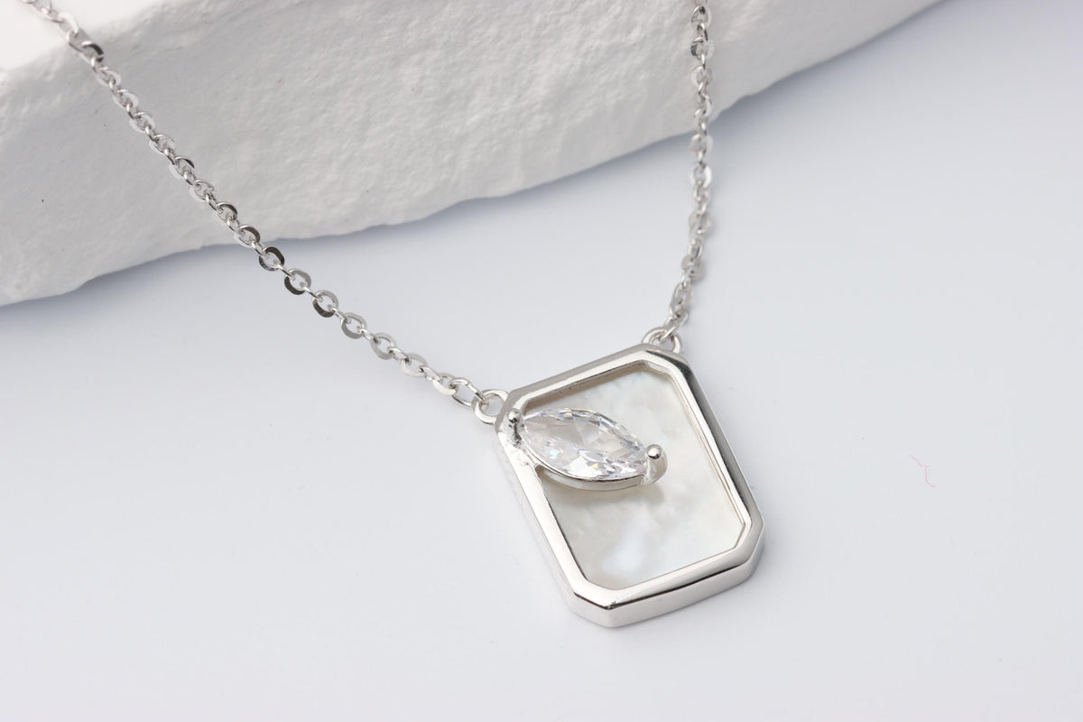 Silver Mother of Pearl Marquise CZ Pendant, Geometric Necklace, Gift for Her