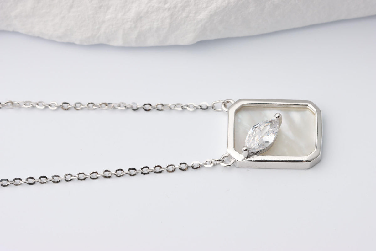 Silver Mother of Pearl Marquise CZ Pendant, Geometric Necklace, Gift for Her