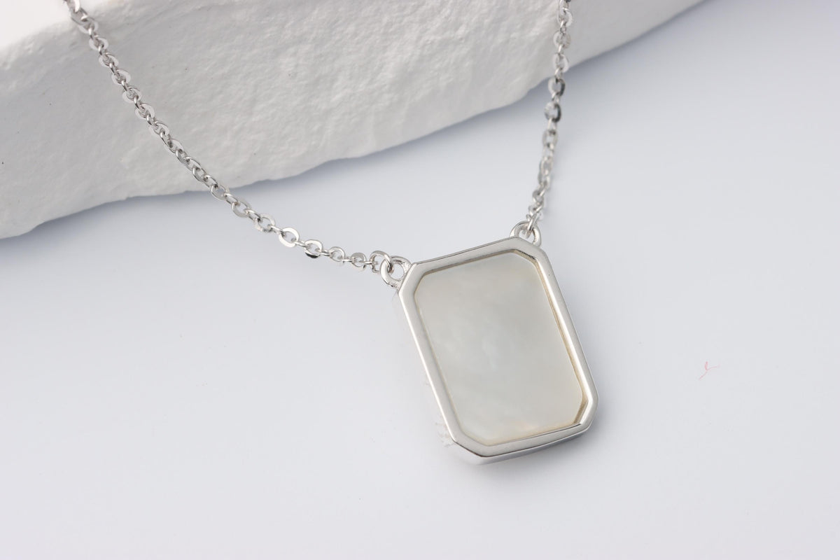 Silver Mother of Pearl Marquise CZ Pendant, Geometric Necklace, Gift for Her