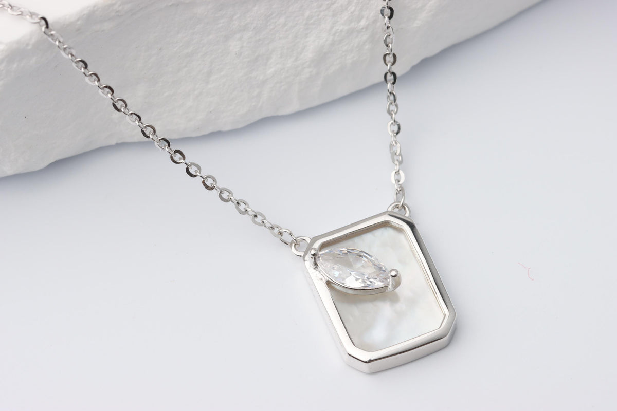 Silver Mother of Pearl Marquise CZ Pendant, Geometric Necklace, Gift for Her