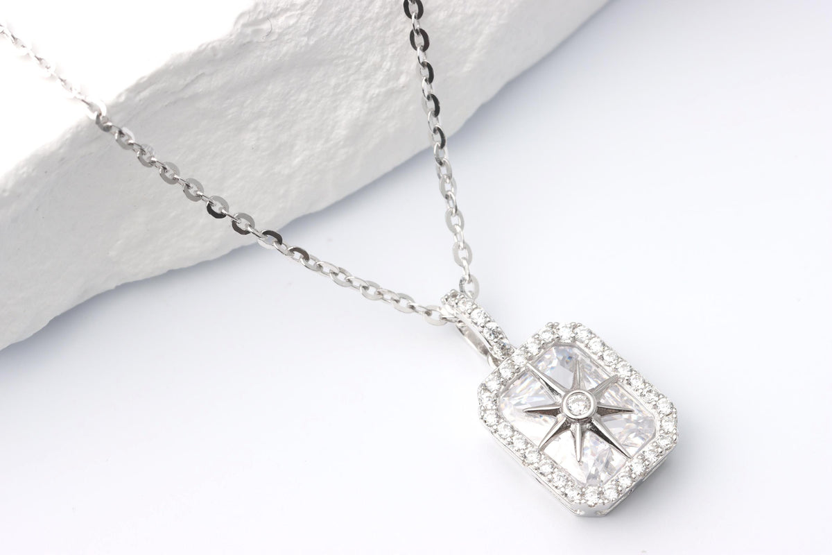 Silver North Star CZ Pendant Necklace, Rectangular Halo Statement Jewellery, Gift for Her