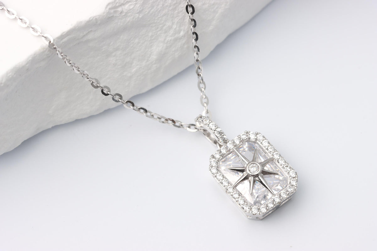 Silver North Star CZ Pendant Necklace, Rectangular Halo Statement Jewellery, Gift for Her