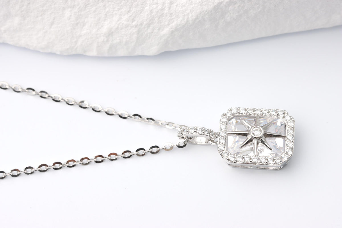 Silver North Star CZ Pendant Necklace, Rectangular Halo Statement Jewellery, Gift for Her