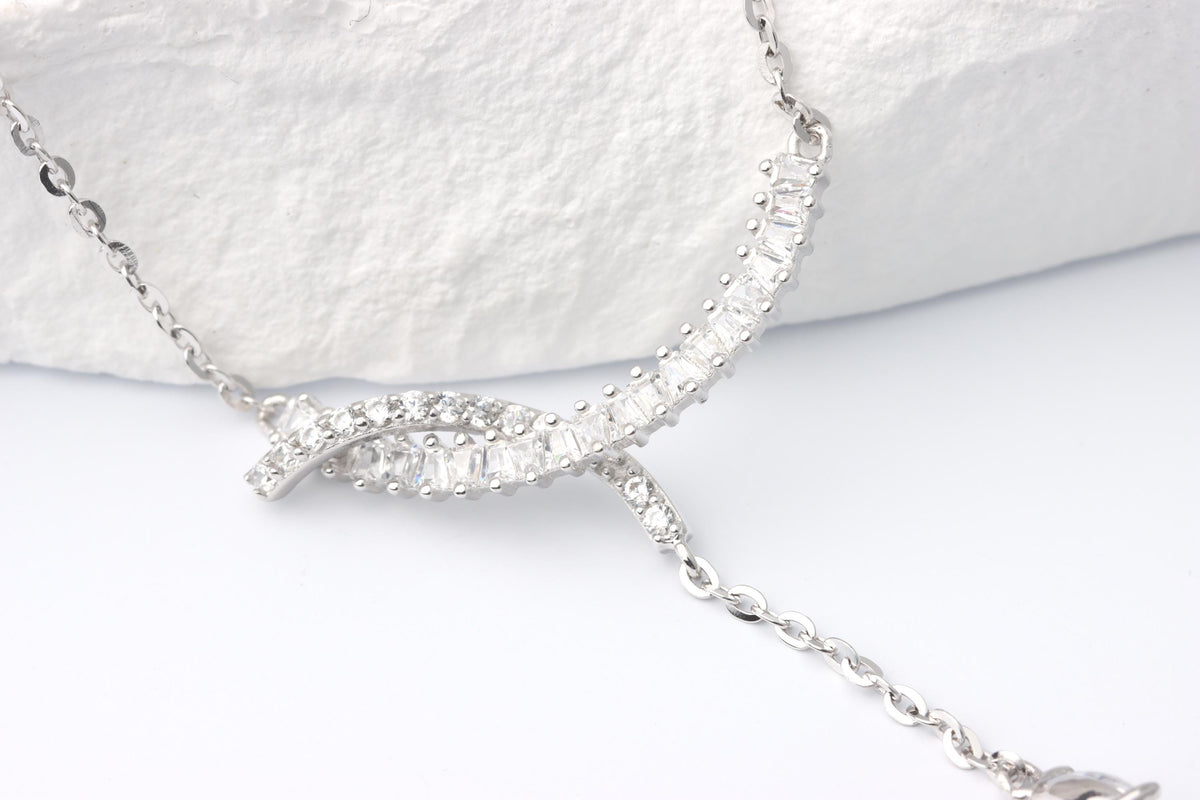 Silver Baguette CZ Y Necklace, Teardrop Pendant Statement Jewellery, Gift for Her