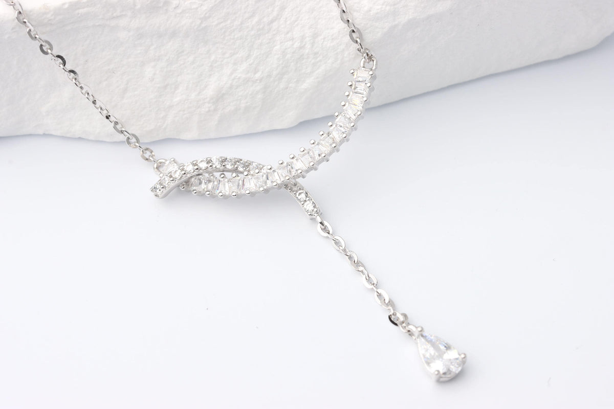 Silver Baguette CZ Y Necklace, Teardrop Pendant Statement Jewellery, Gift for Her
