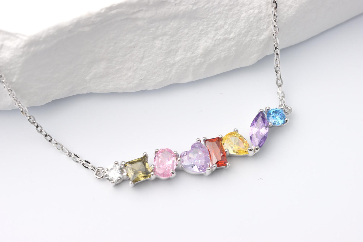 Silver Rainbow Gemstone Necklace, Multi Colour CZ Bar Pendant, Gift for Her