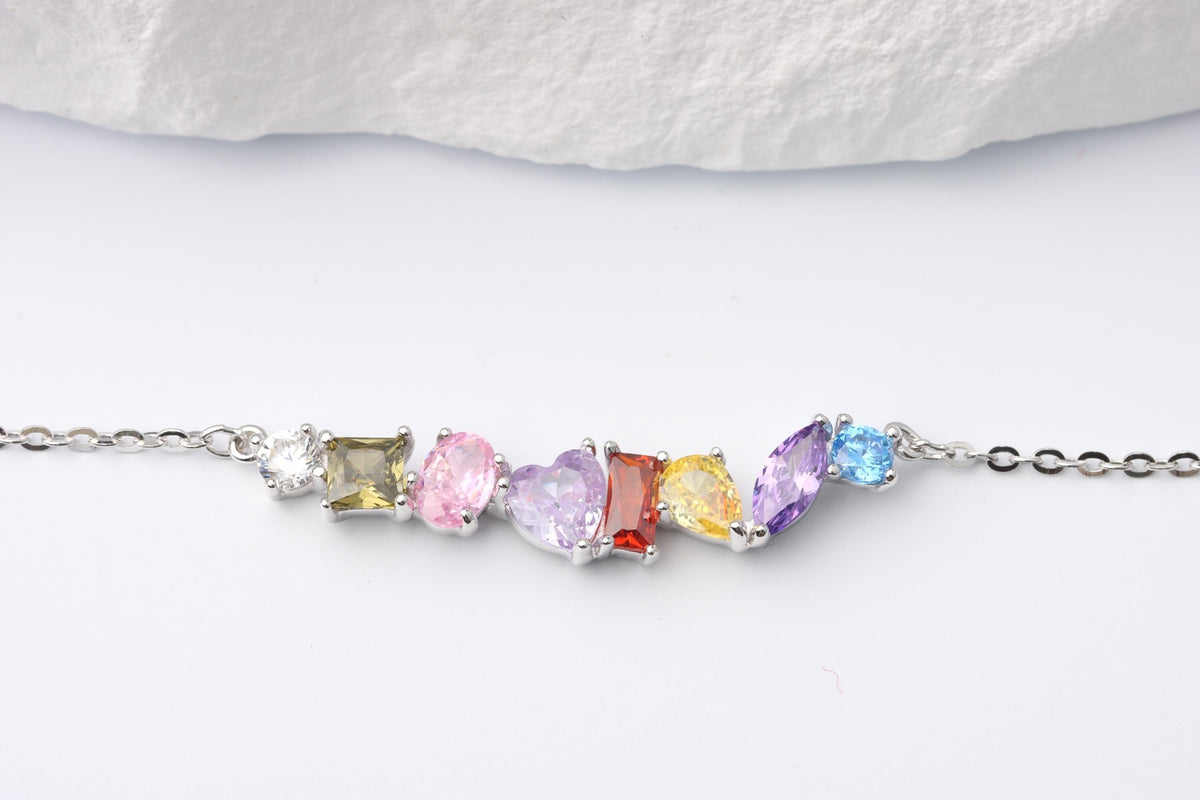 Silver Rainbow Gemstone Necklace, Multi Colour CZ Bar Pendant, Gift for Her