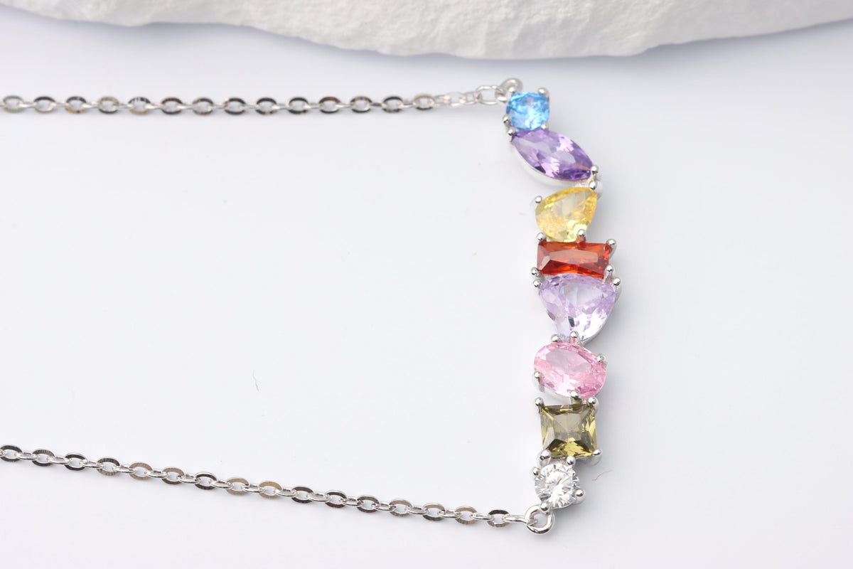 Silver Rainbow Gemstone Necklace, Multi Colour CZ Bar Pendant, Gift for Her