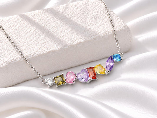 Silver Rainbow Gemstone Necklace, Multi Colour CZ Bar Pendant, Gift for Her
