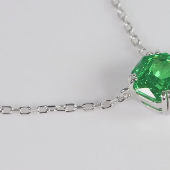 Emerald Green Cushion Cut CZ Necklace, Silver Solitaire Rose Pendant, Sparkling Gift for Her