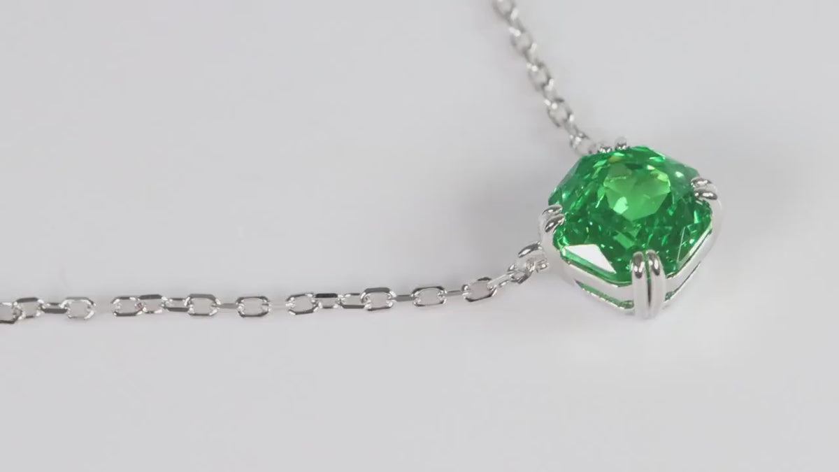 Emerald Green Cushion Cut CZ Necklace, Silver Solitaire Rose Pendant, Sparkling Gift for Her