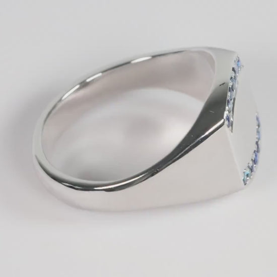 Silver Cushion Signet Ring set with Blue Sapphire Gemstones