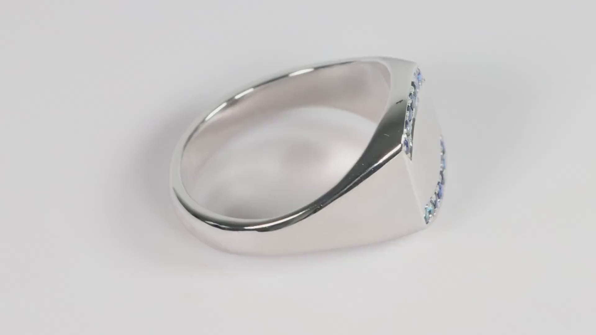 Silver Cushion Signet Ring set with Blue Sapphire Gemstones