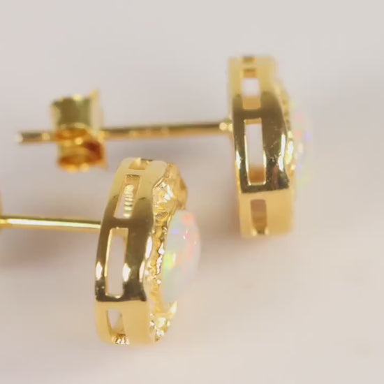Sterling Silver 925 Gold Plated Textured Oval White Pink Opal Set Studs